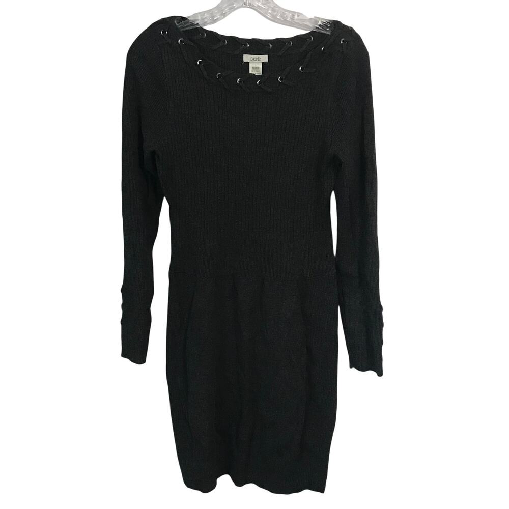 Cashe Dress Size Large Womens Sweater Gray Form Fitting Rivet Lace Up Detail L